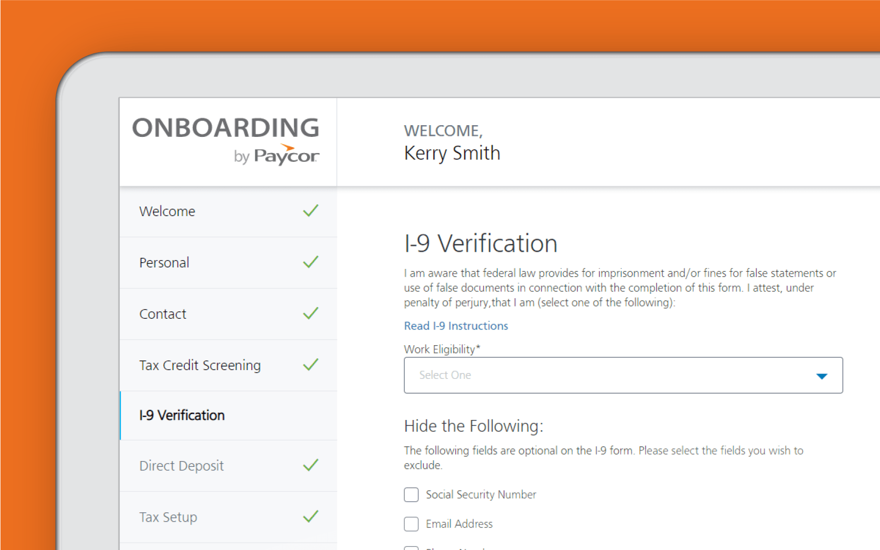 Corner of tablet showing I-9 verification against orange background