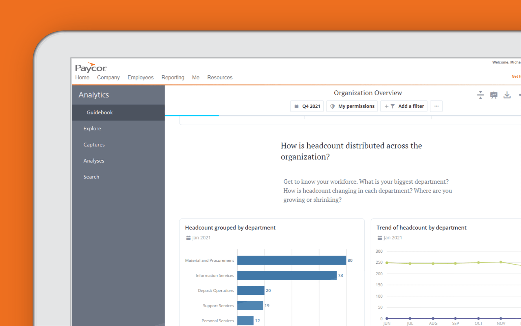 Corner of tablet showing analytics dashboard against orange background