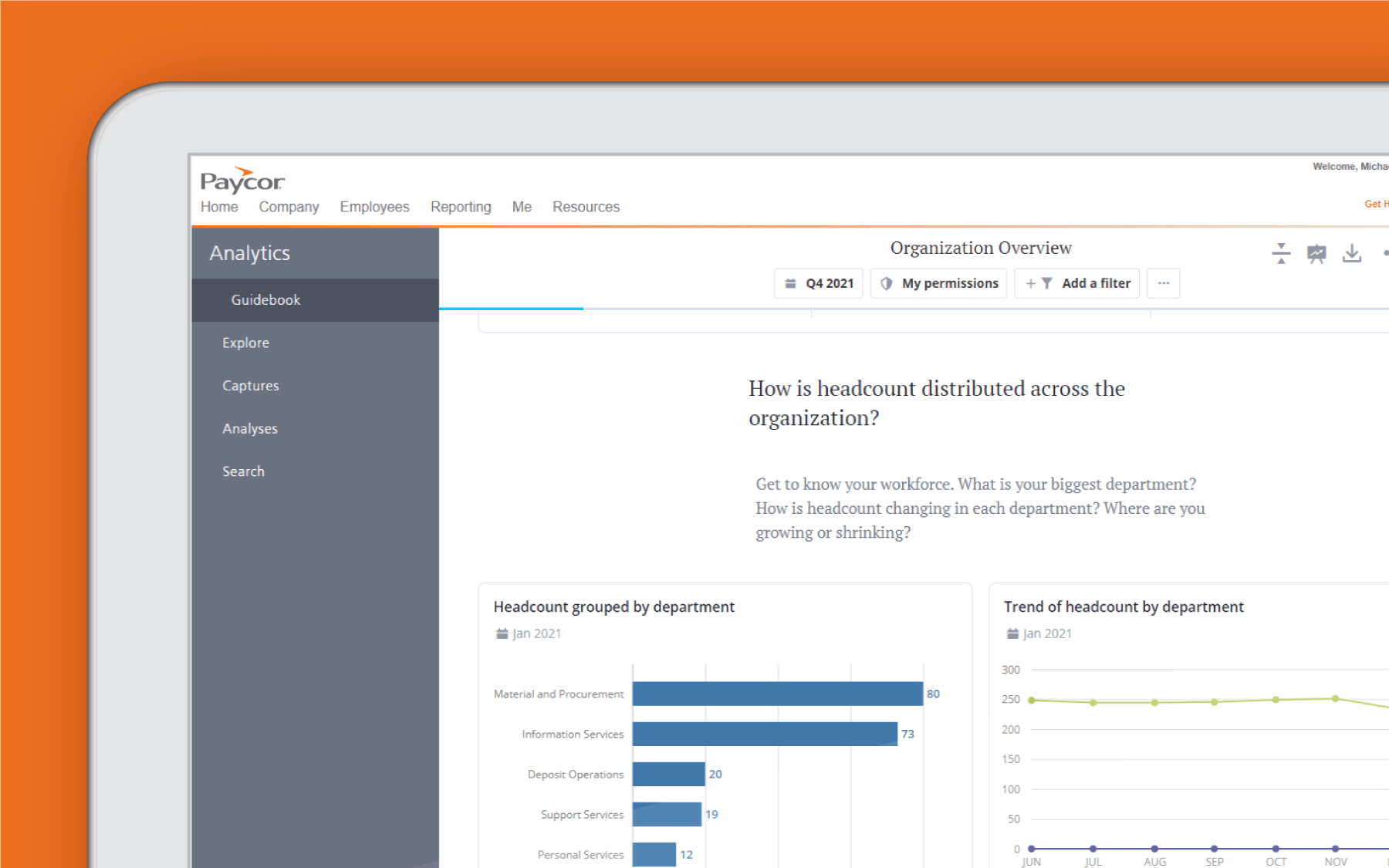 Corner of tablet showing organization overview dashboard against orange background