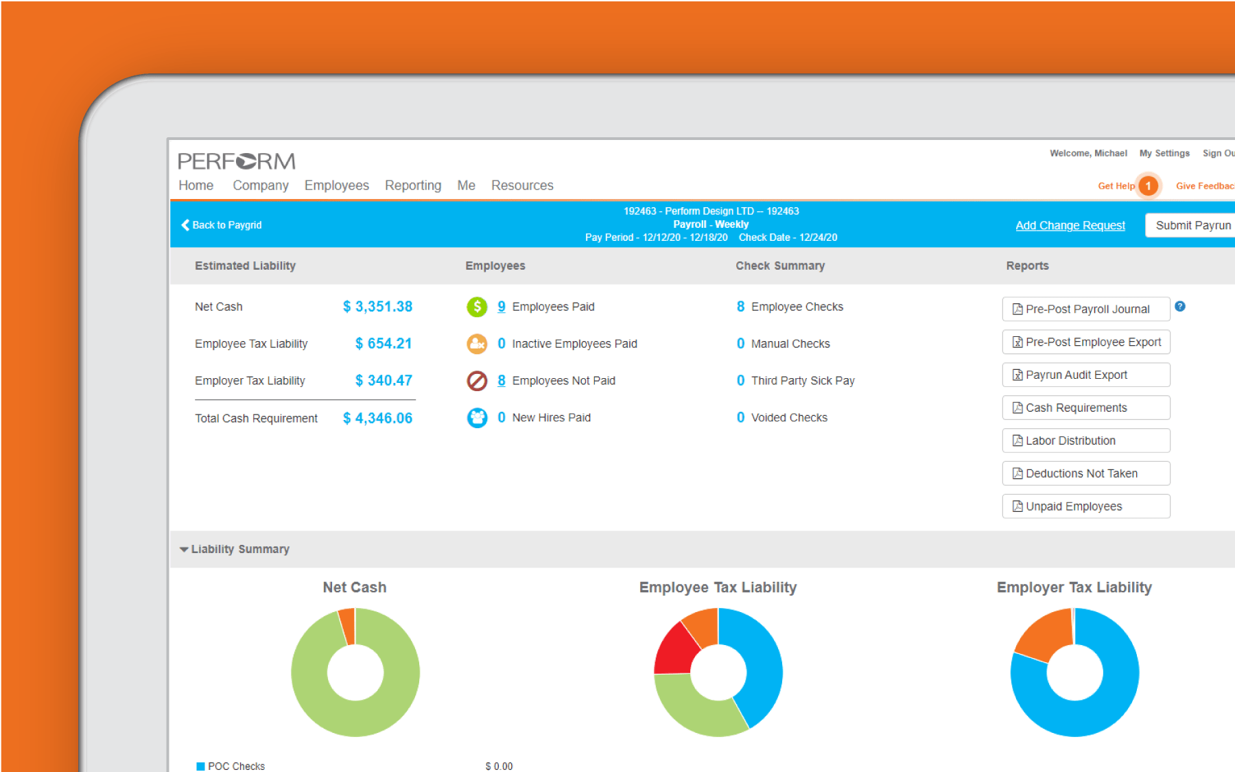 Corner of tablet showing data dashboard against orange background