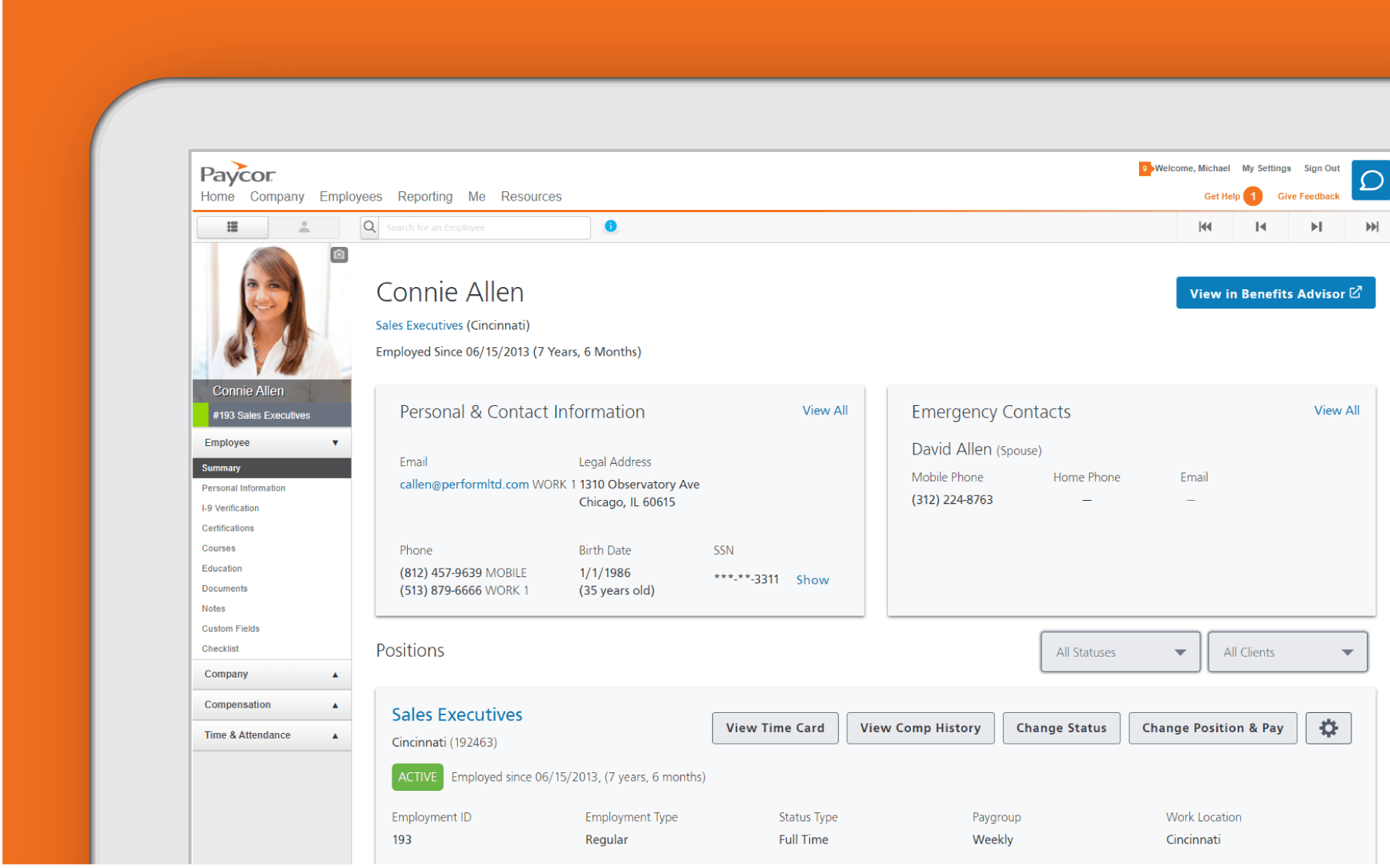 Corner of tablet showing employee dashboard against orange background