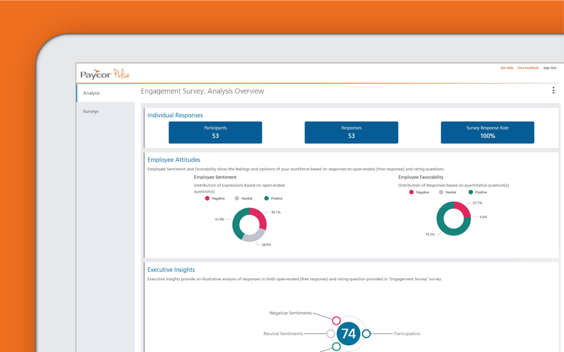 Corner of tablet showing employee engagement survey against orange background