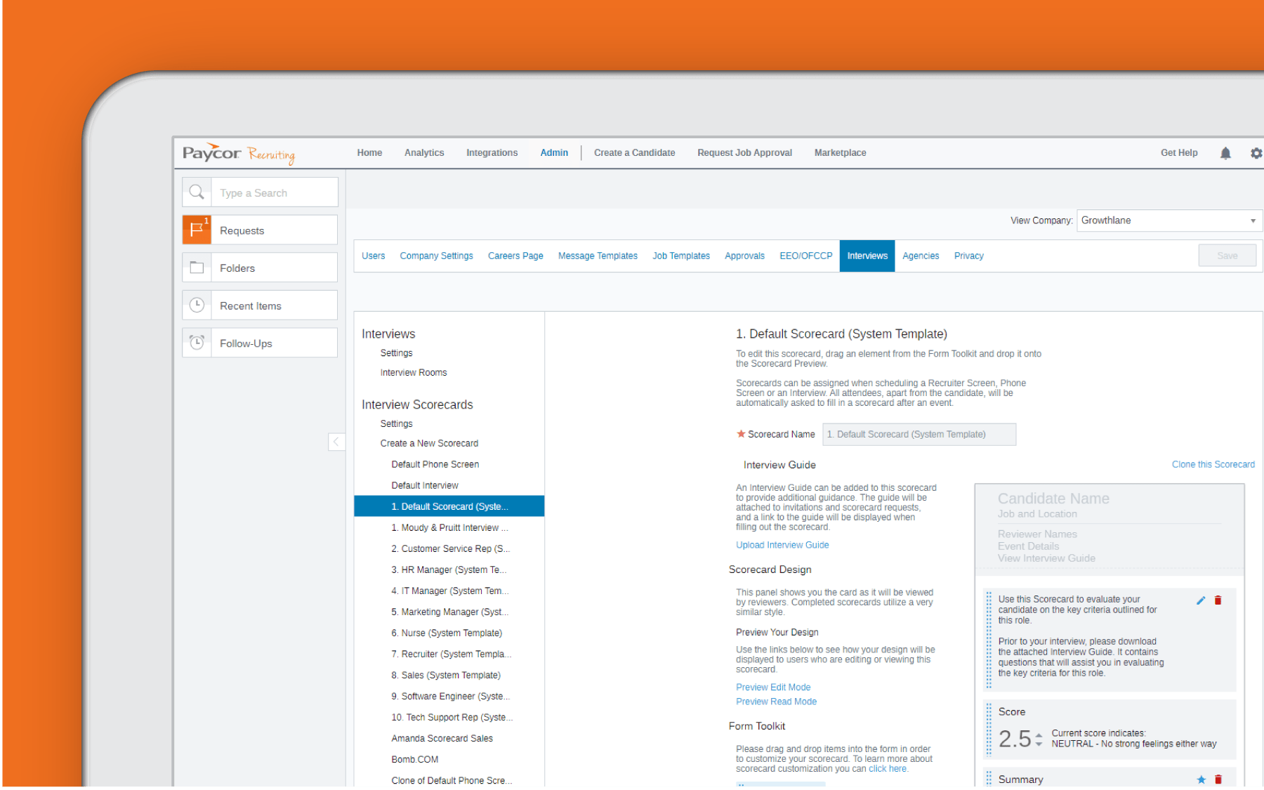 Corner of tablet showing interview scorecard dashboard against orange background