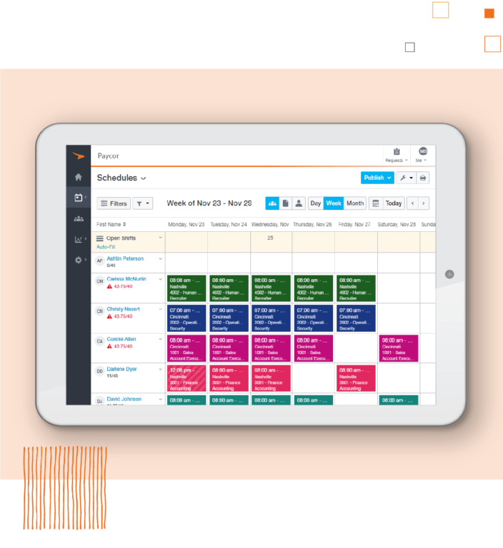 Tablet showing Paycor scheduling system against orange background