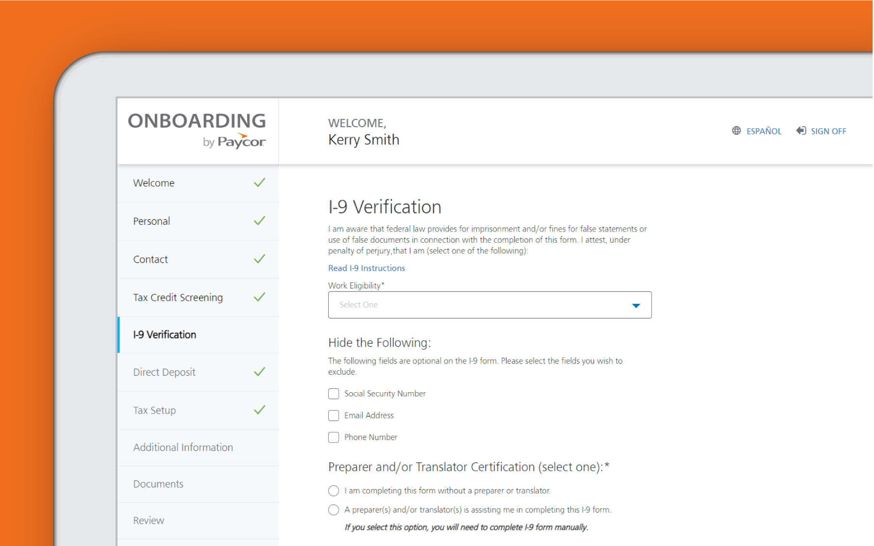 Corner of tablet with Paycor reporting and compliance dashboard against orange background