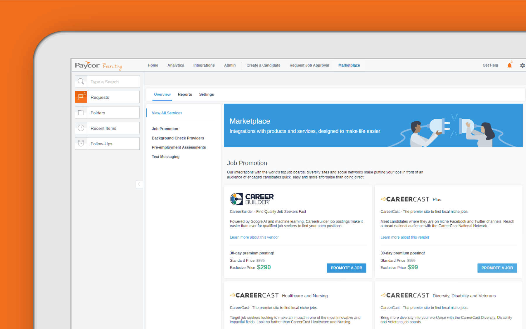 Corner of tablet showing Paycor recruiting page against orange background