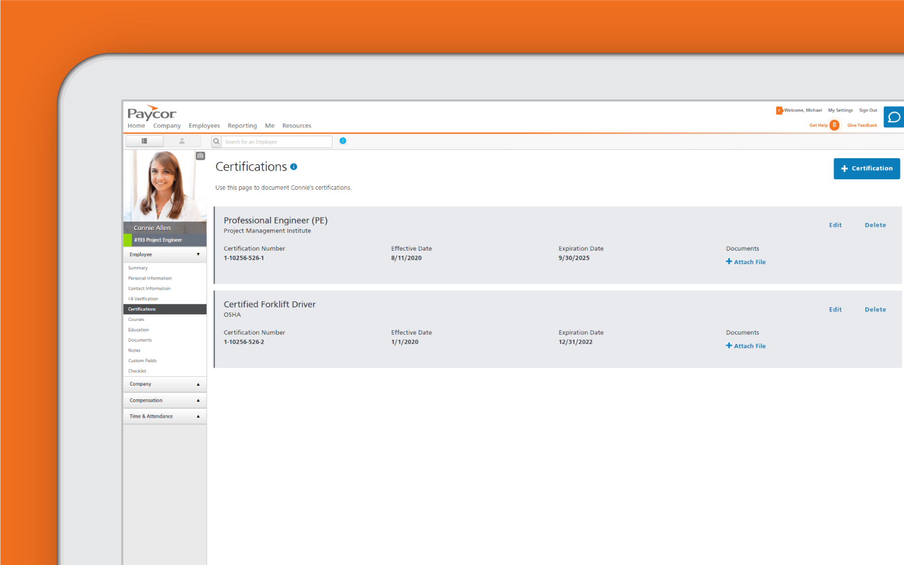 Corner of tablet showing compliance and reporting dashboard against orange background