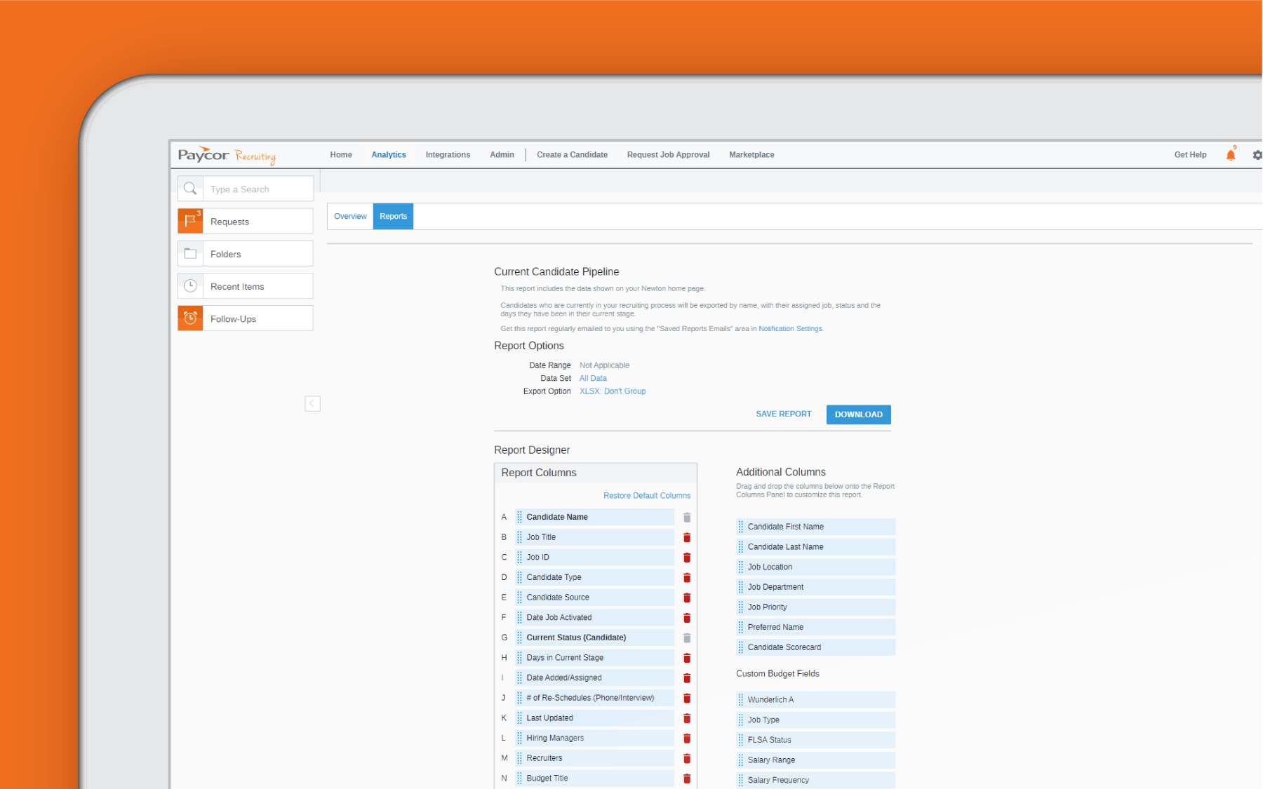 Corner of tablet showing recruiting analytics dashboard against orange background
