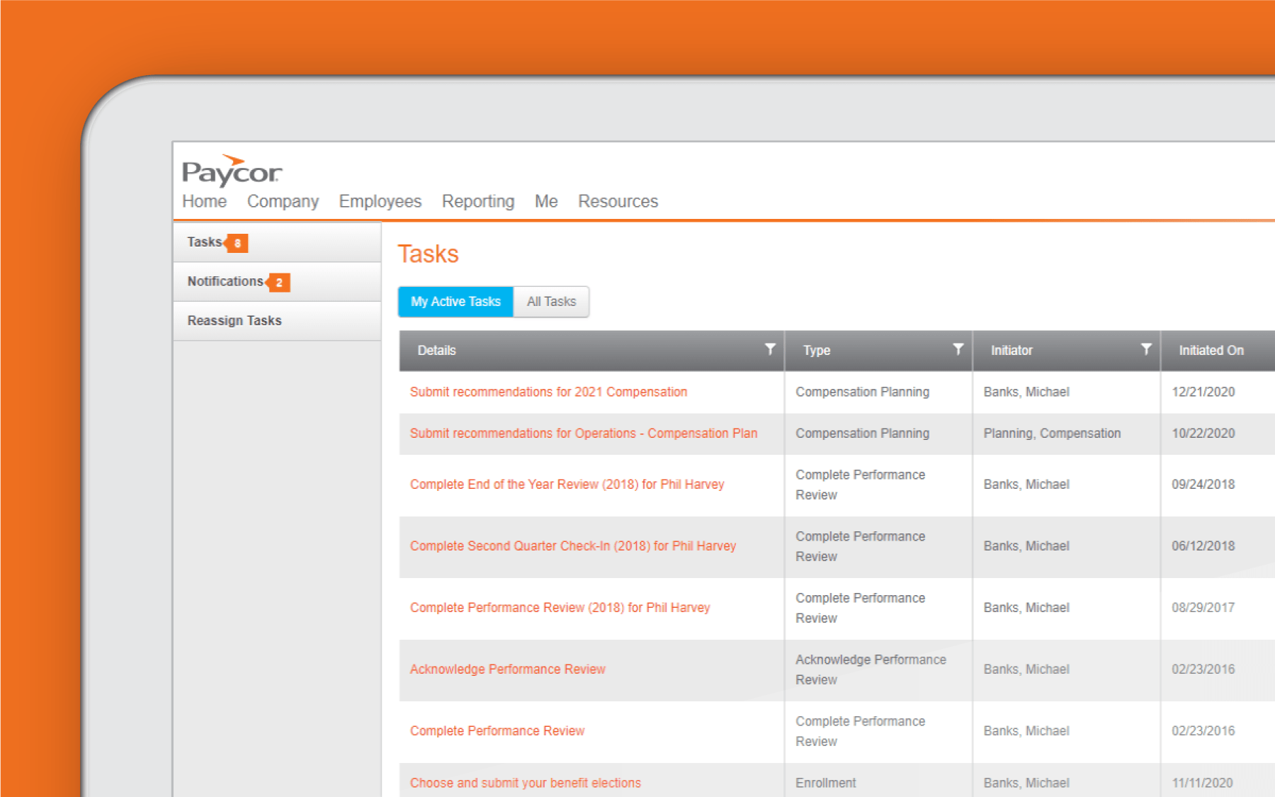 Corner of tablet showing record keeping dashboard against orange background
