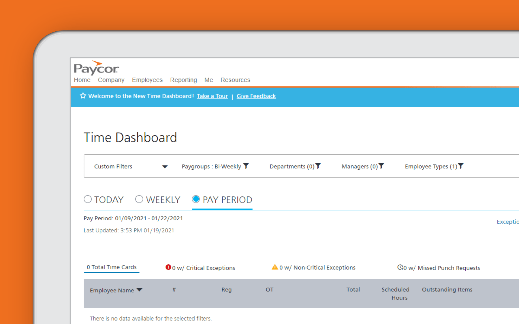 Corner of tablet showing employee hour dashboard against orange background