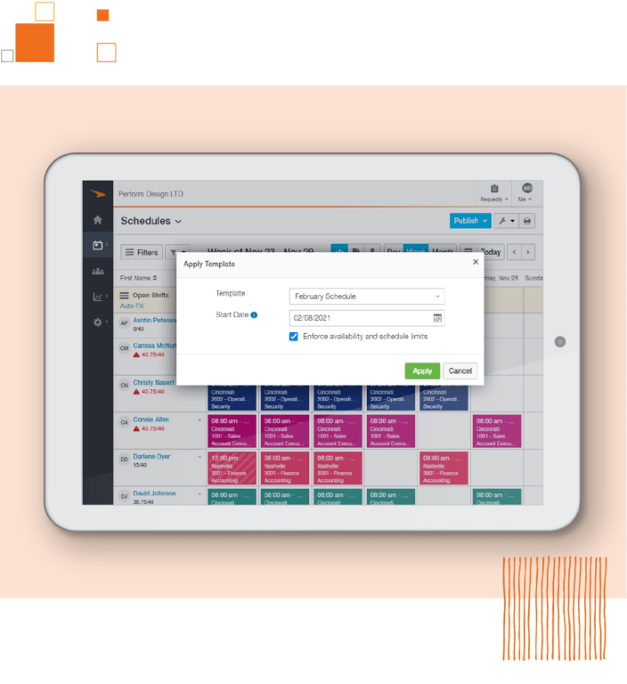 Tablet showing Paycor scheduling portal against orange background