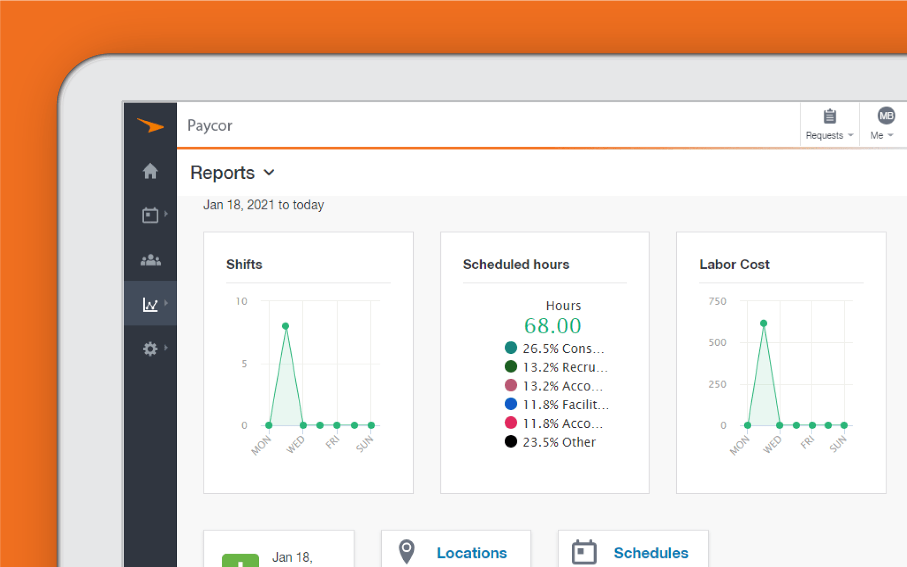 Corner of tablet showing Paycor scheduling report against orange background