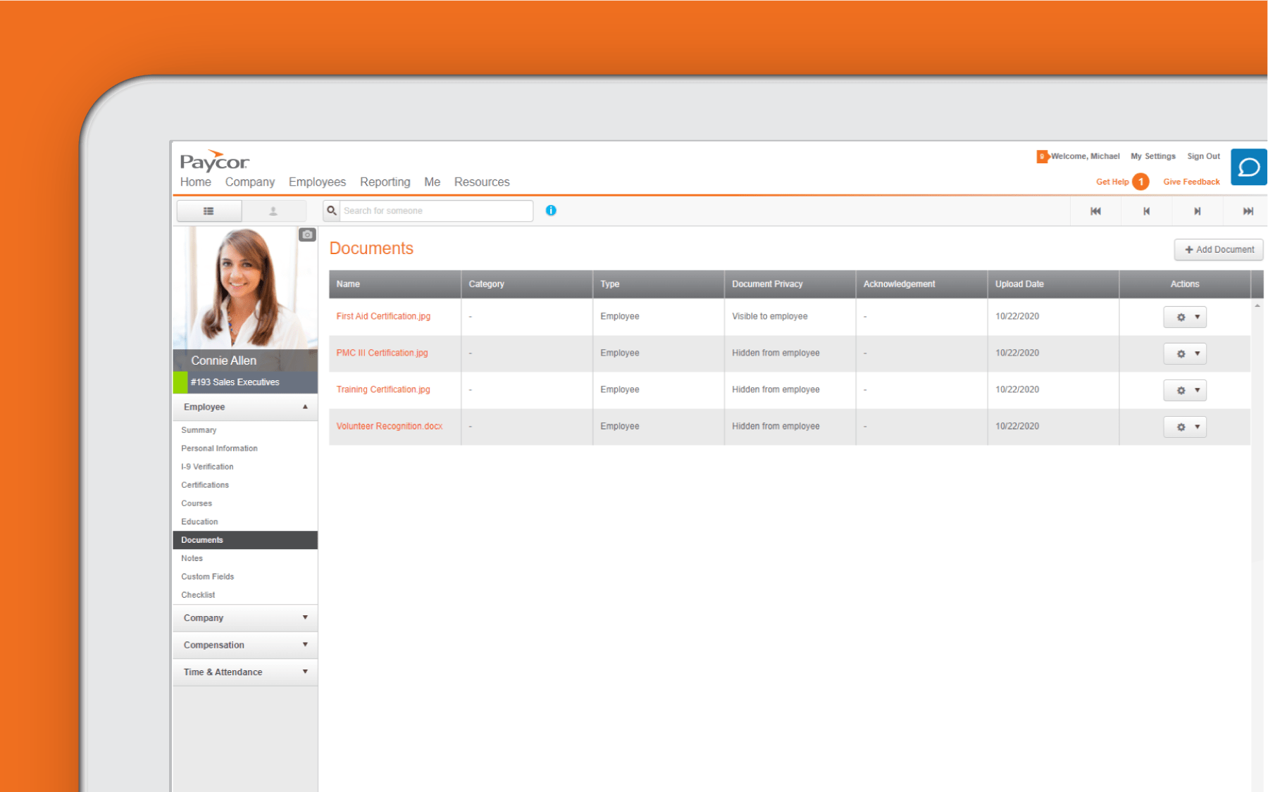 Corner of tablet showing document dashboard against orange background
