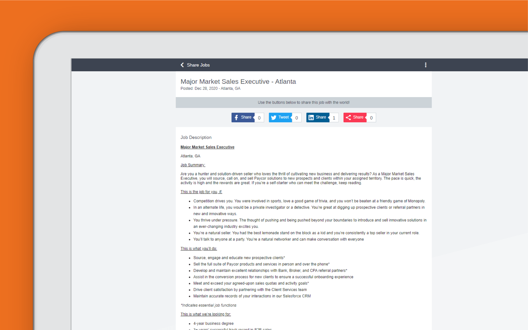 Corner of tablet showing employee referral dashboard against orange background