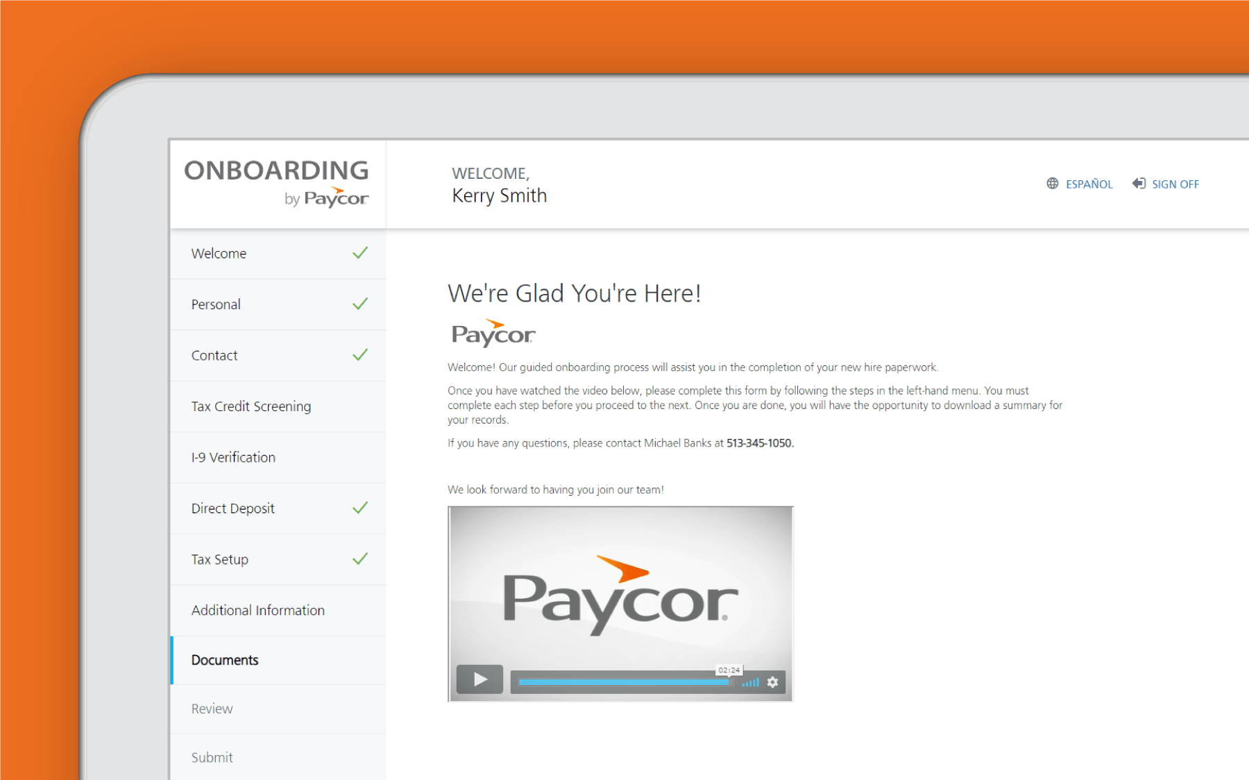 Corner of tablet showing employee portal against orange background