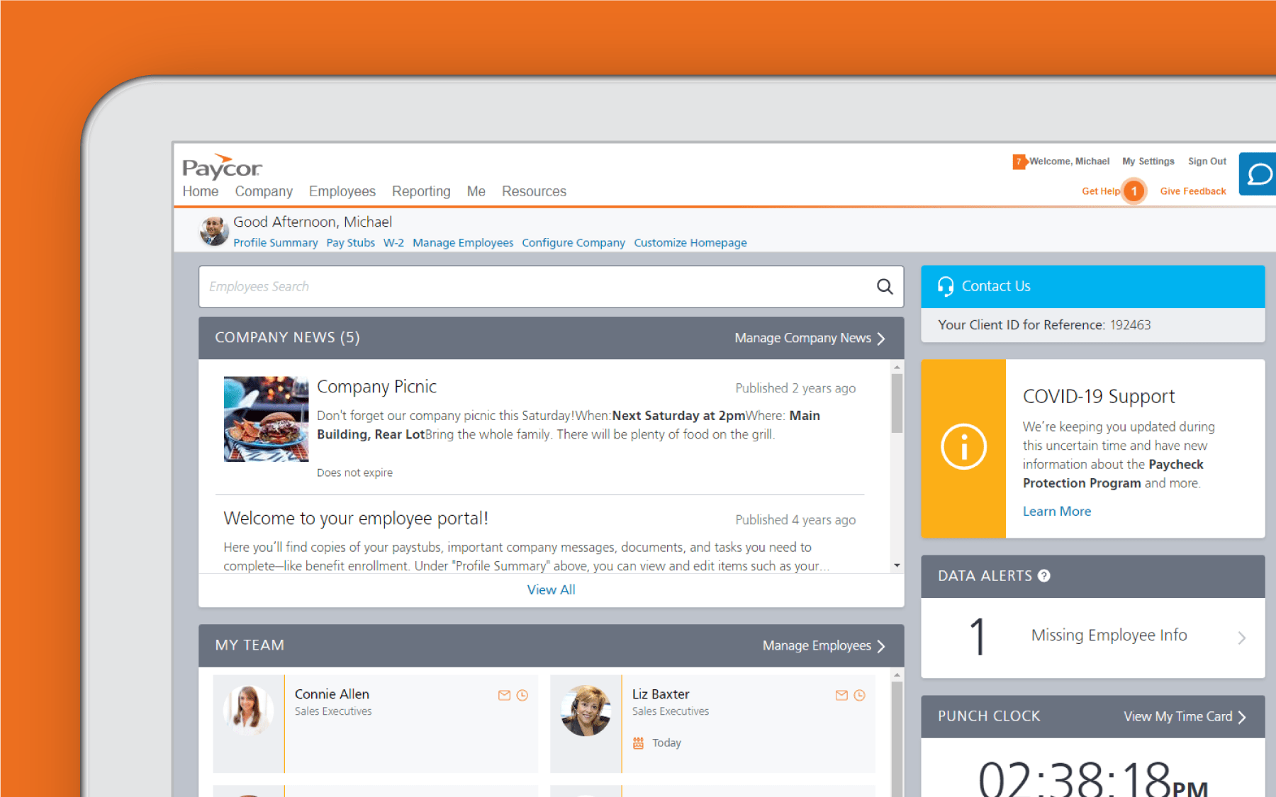 Corner of tablet showing company news dashboard against orange background