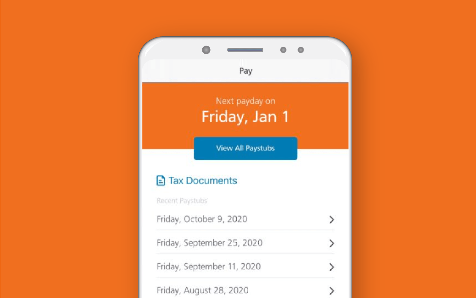 Mobile phone showing employee dashboard against orange background