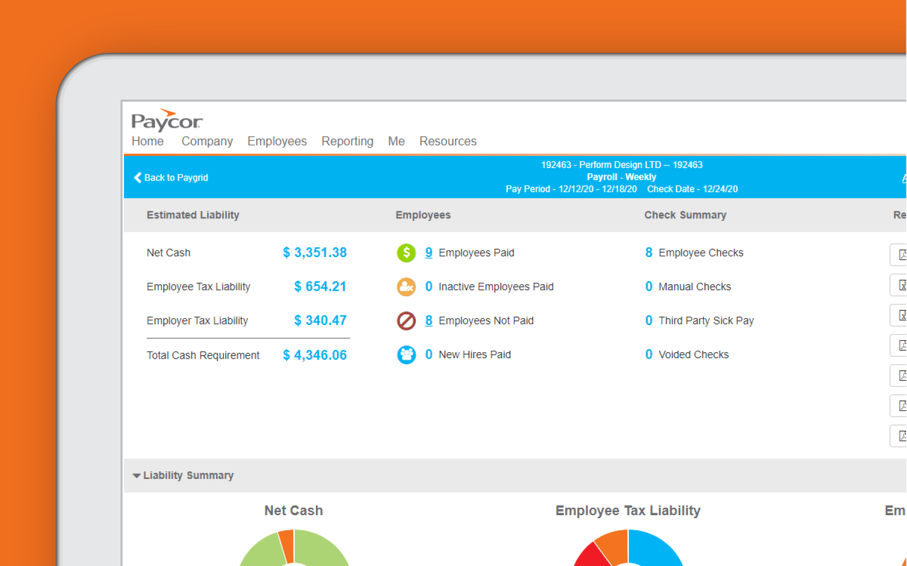 Corner of tablet showing employee reporting dashboard against orange background