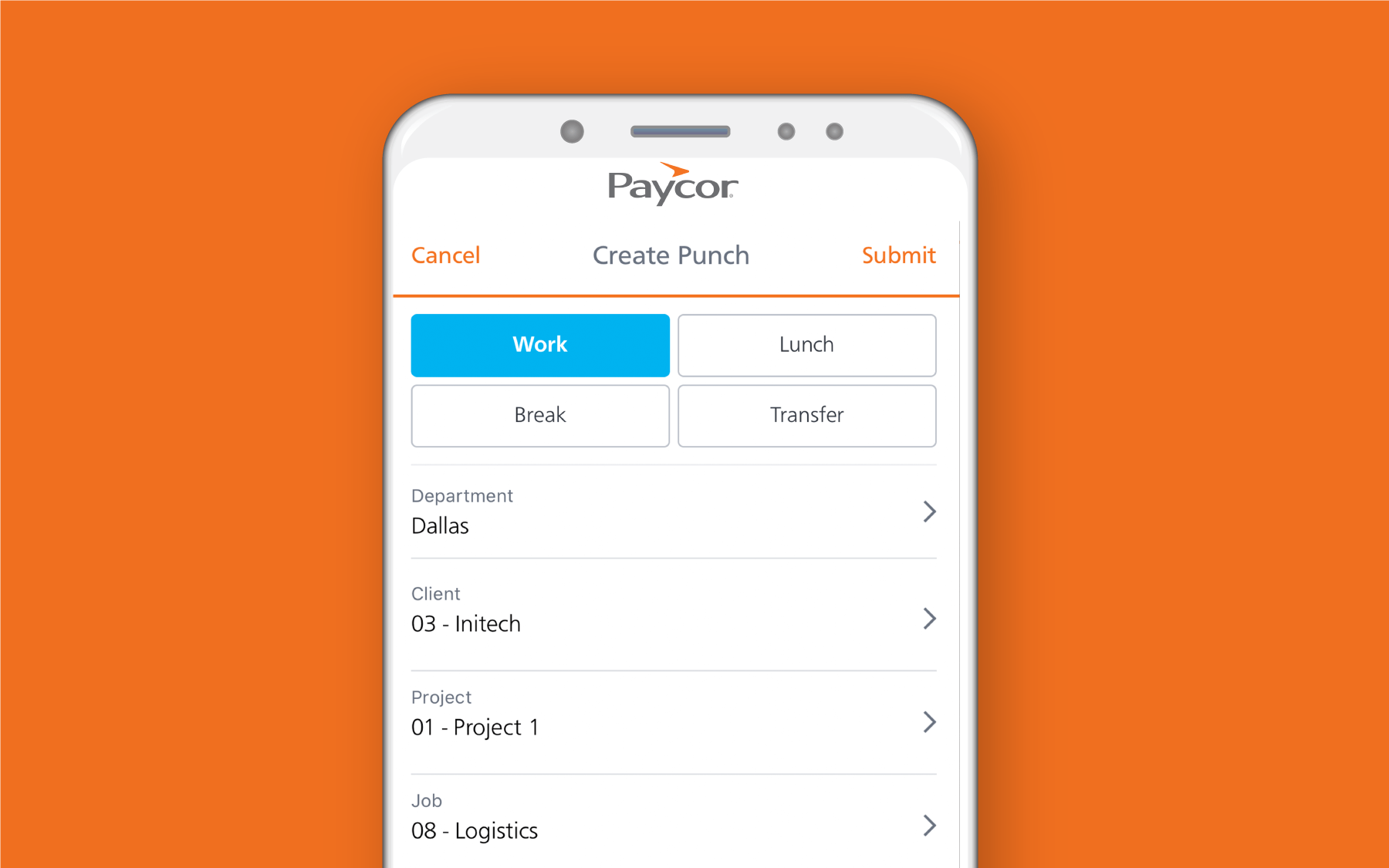 Mobile phone showing time and attendance portal against orange background