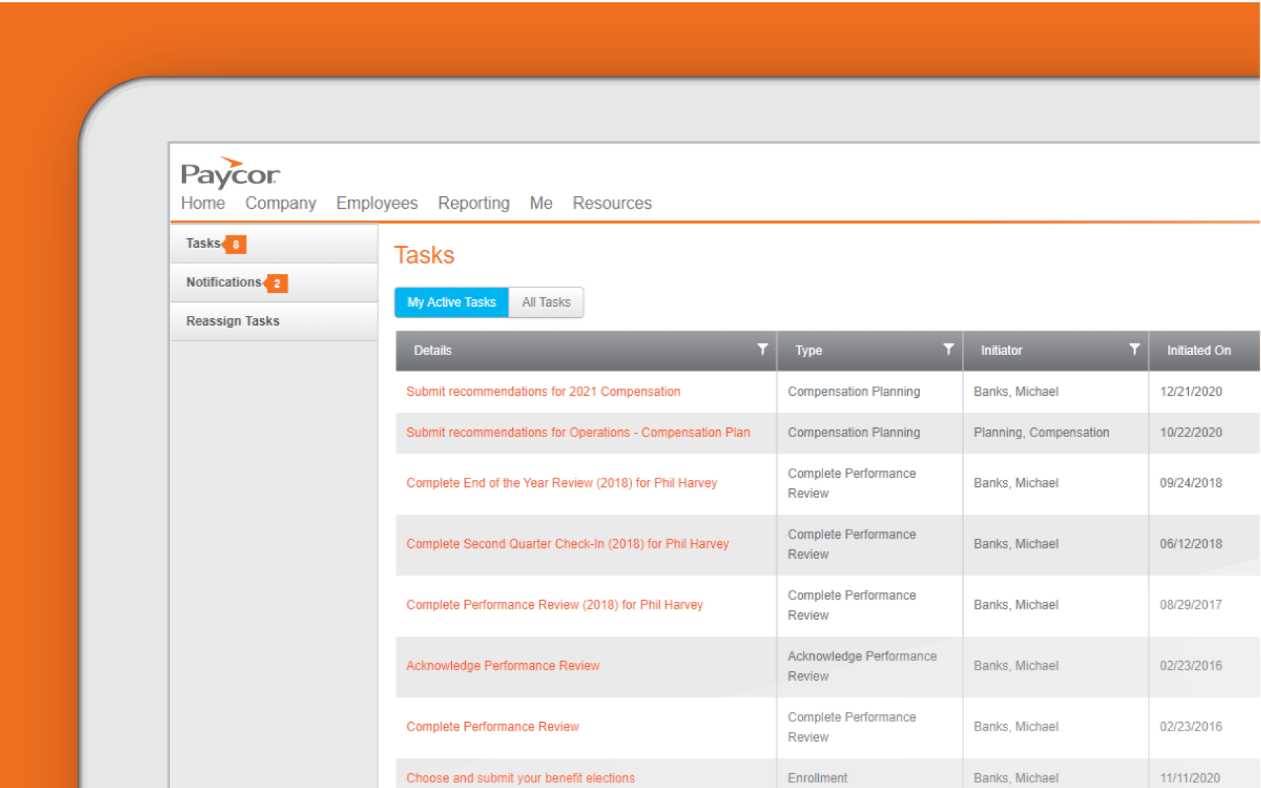 Corner of tablet showing Paycor time keeping dashboard against orange background