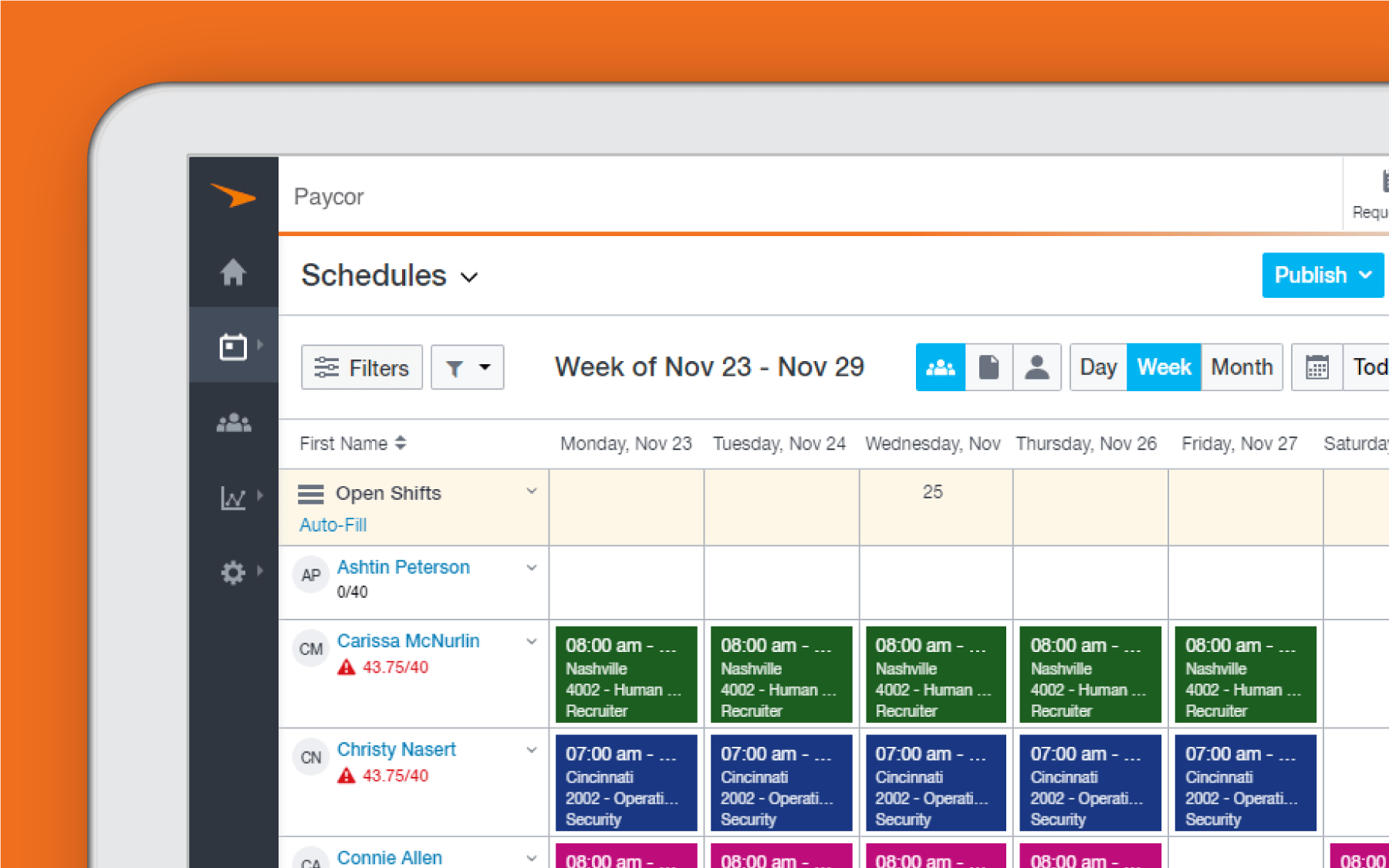 Corner of tablet showing Paycor scheduling dashboard against orange background