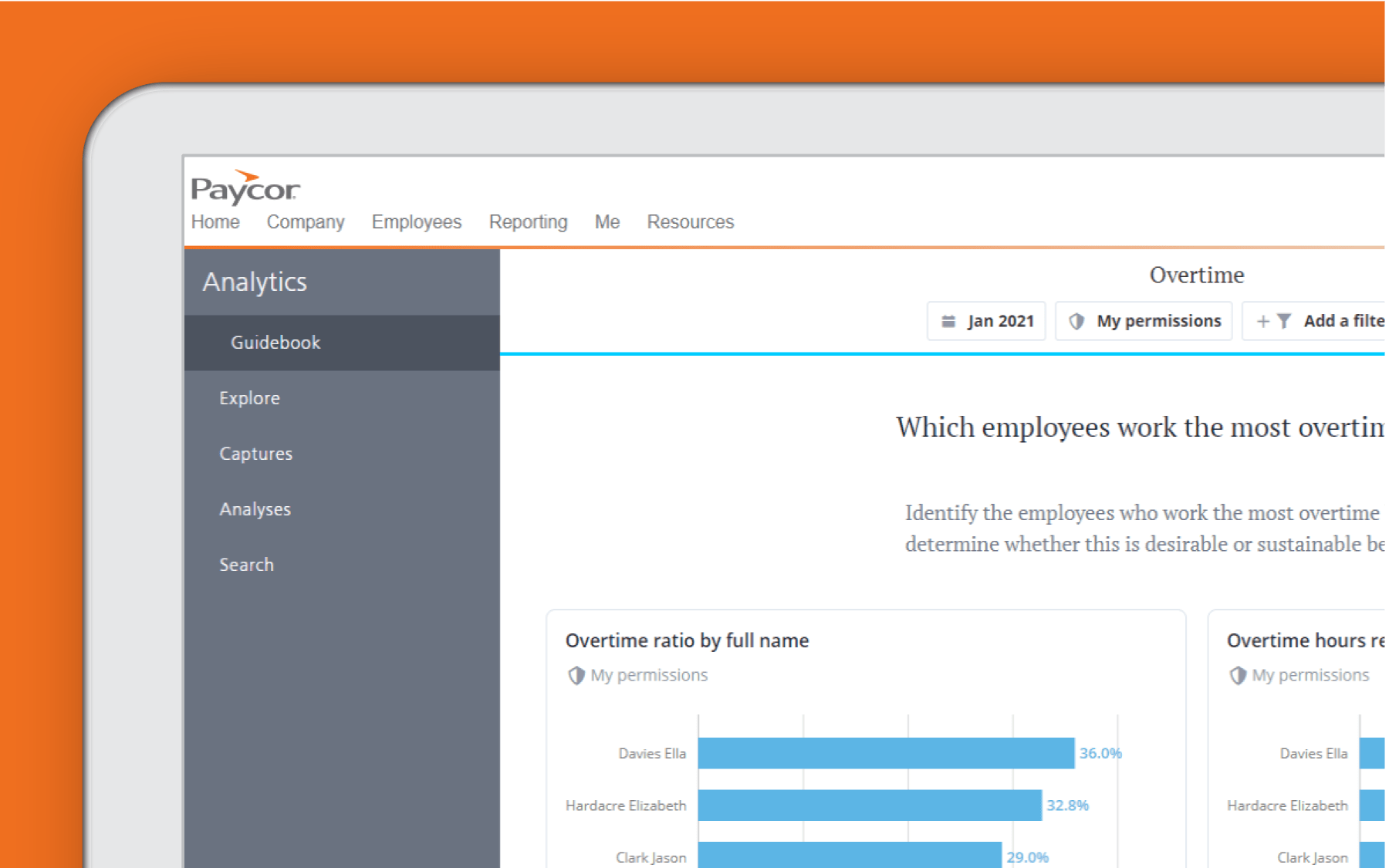 Corner of tablet showing analytics dashboard again orange background