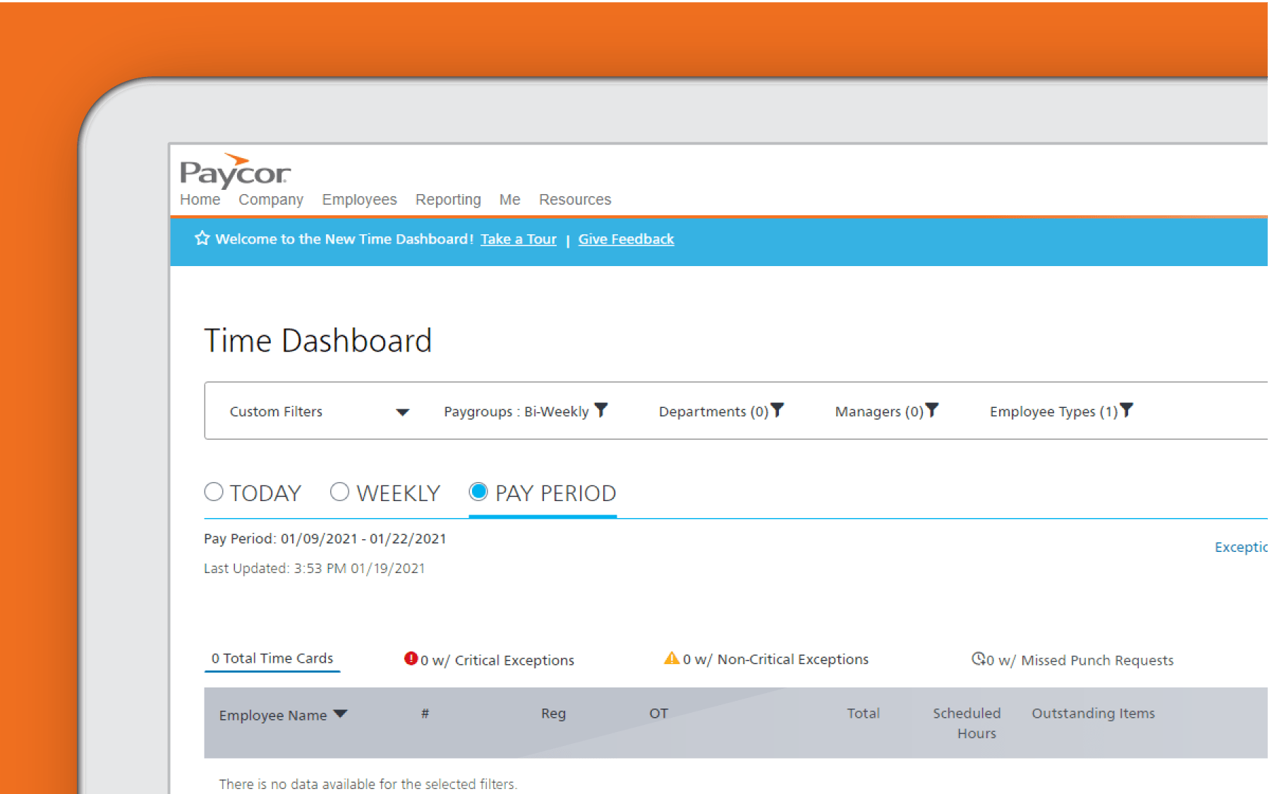 Corner of tablet showing time tracking dashboard against orange background