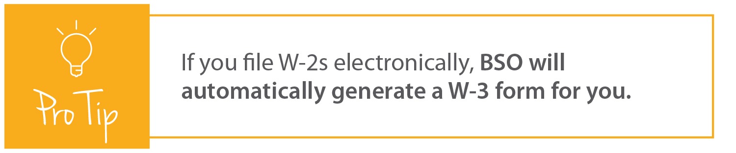 "Pro Tip: If you file W-2s electronically, BSO will automatically generate a W-3 form for you."