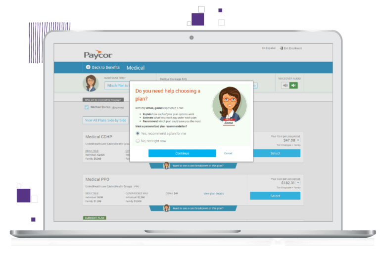 Laptop screen showing Paycor medical benefits dashboard