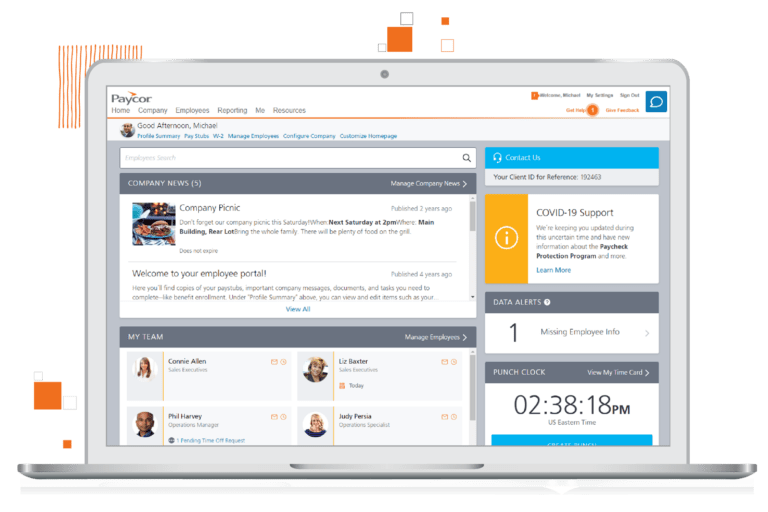 Laptop screen showing Paycor employee dashboard