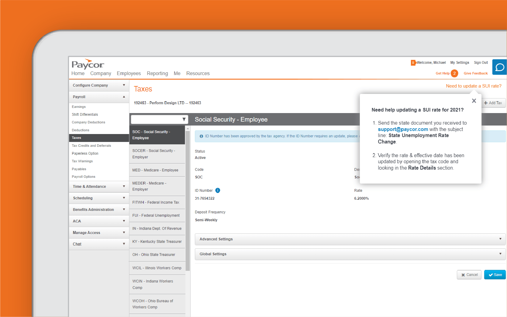 Corner of tablet showing Paycor employee social security dashboard against orange background
