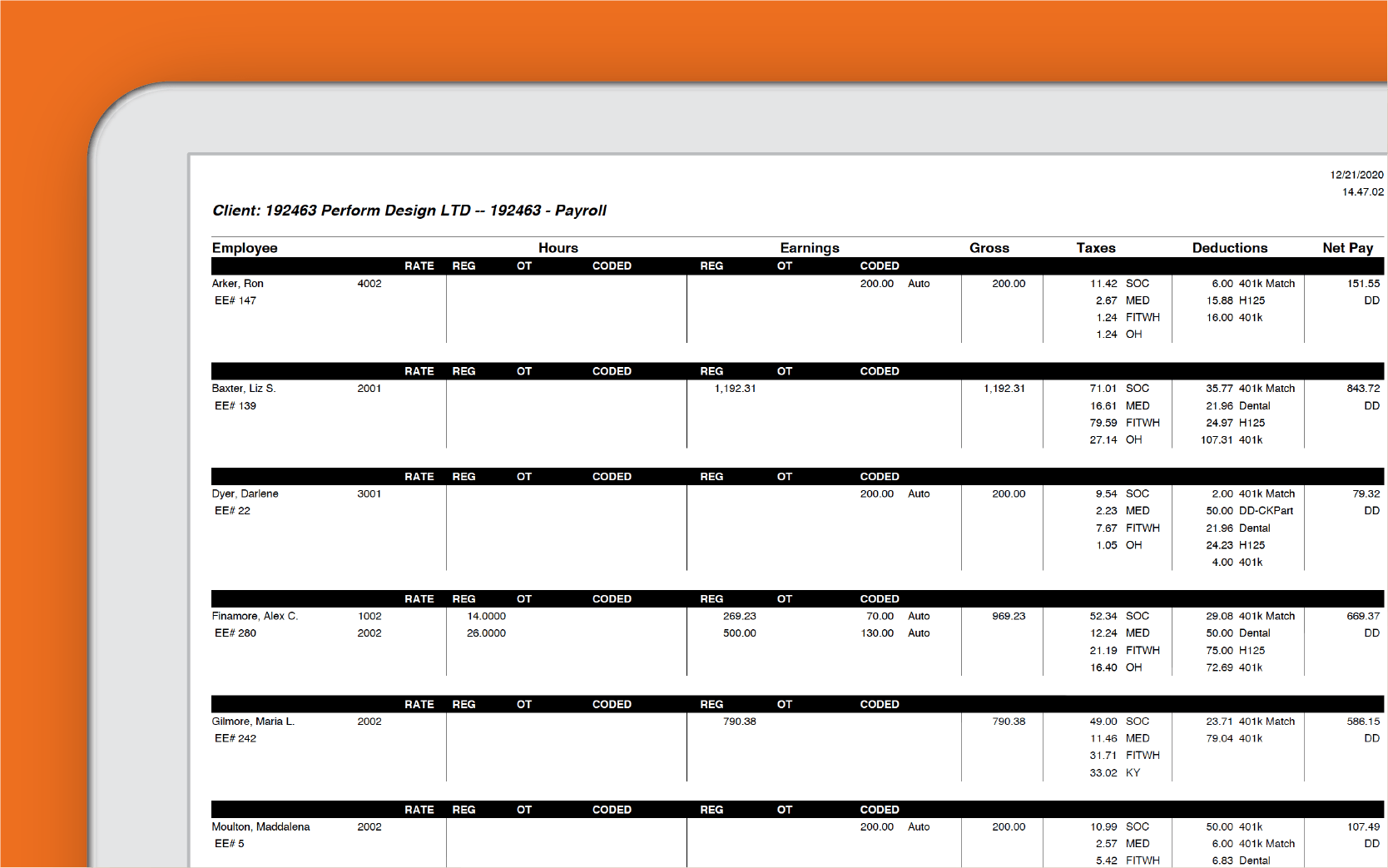 Corner of tablet showing Paycor tax processing dashboard against orange background