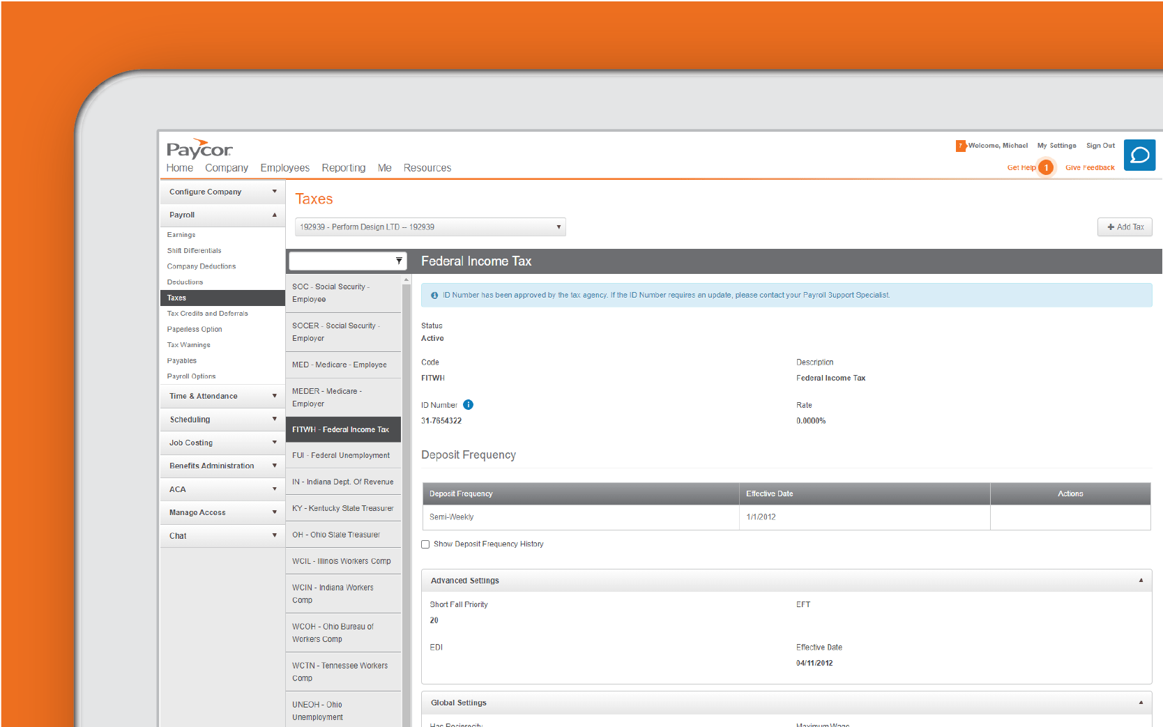Corner of tablet showing Paycor analytics dashboard against orange background background