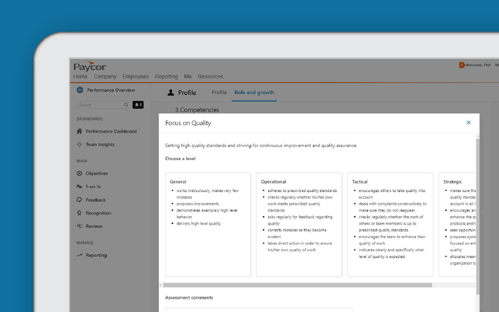 Corner of tablet showing Paycor employee profile against blue background