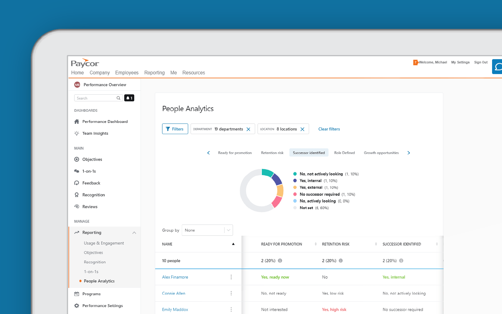 Corner of tablet showing Paycor people analytics reporting against blue background