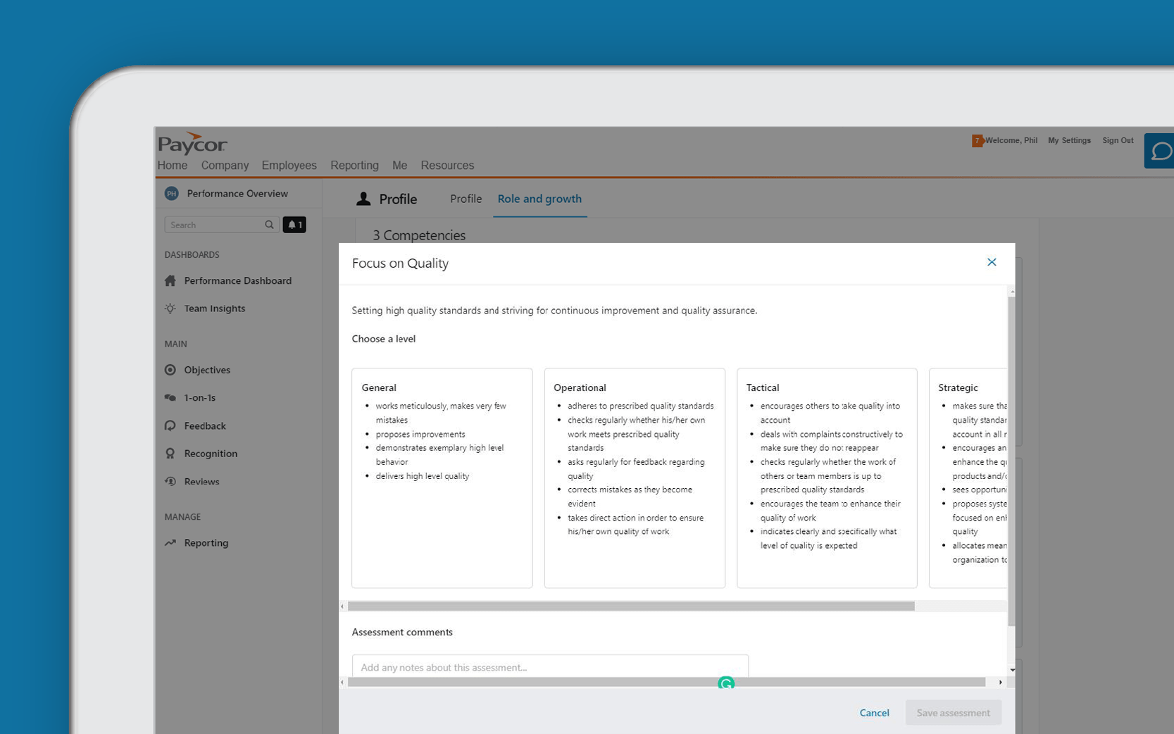 Corner of tablet showing Paycor job assessment against blue background