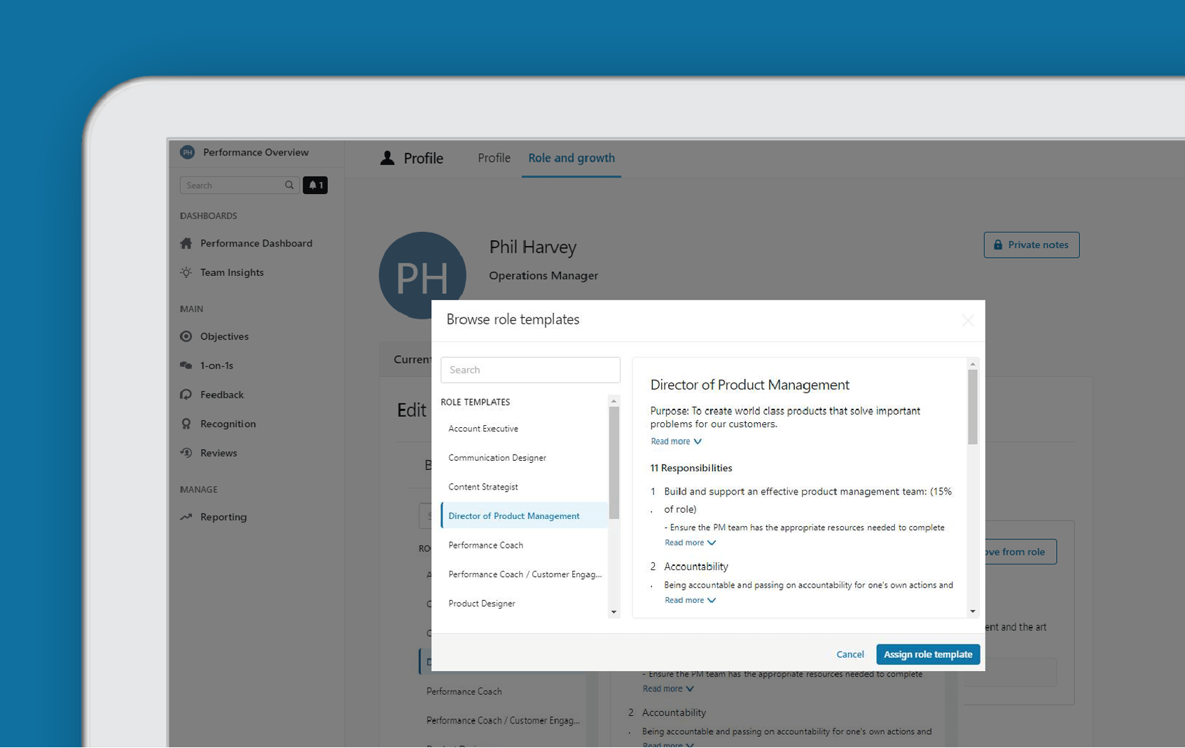 Corner of tablet showing Paycor employee profile against blue background
