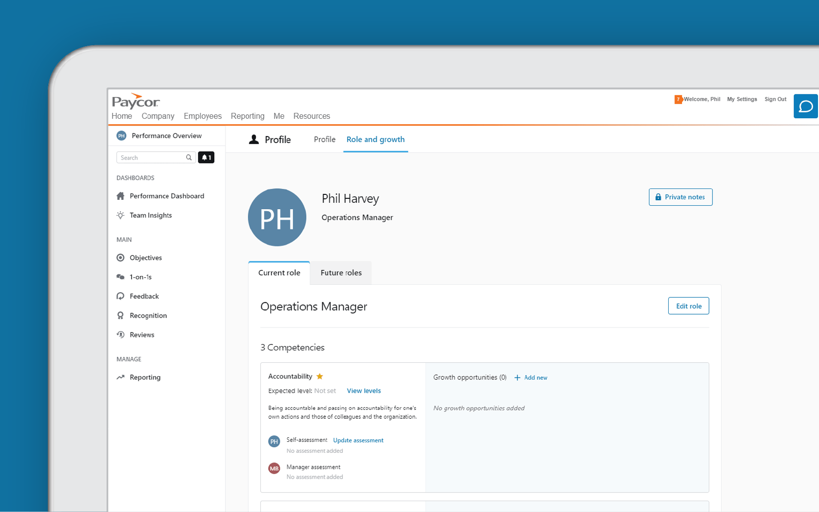Corner of tablet showing Paycor employee profile against blue background