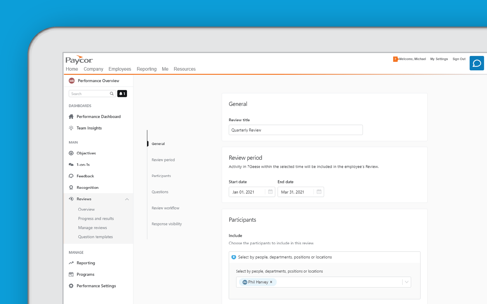 Corner of tablet showing Paycor employee review dashboard against blue background