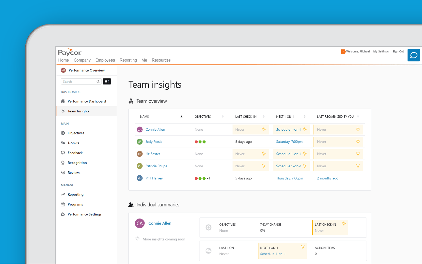 Corner of tablet showing Paycor team insights dashboard against blue background