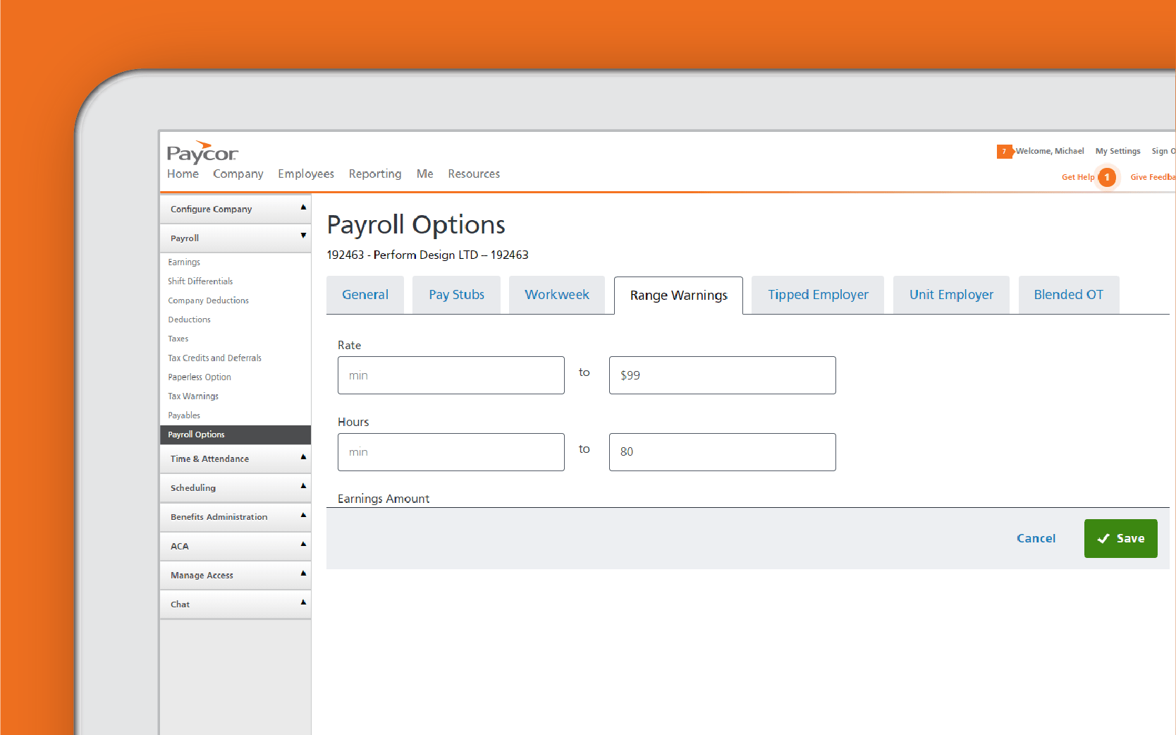 Corner of tablet showing payroll options dashboard