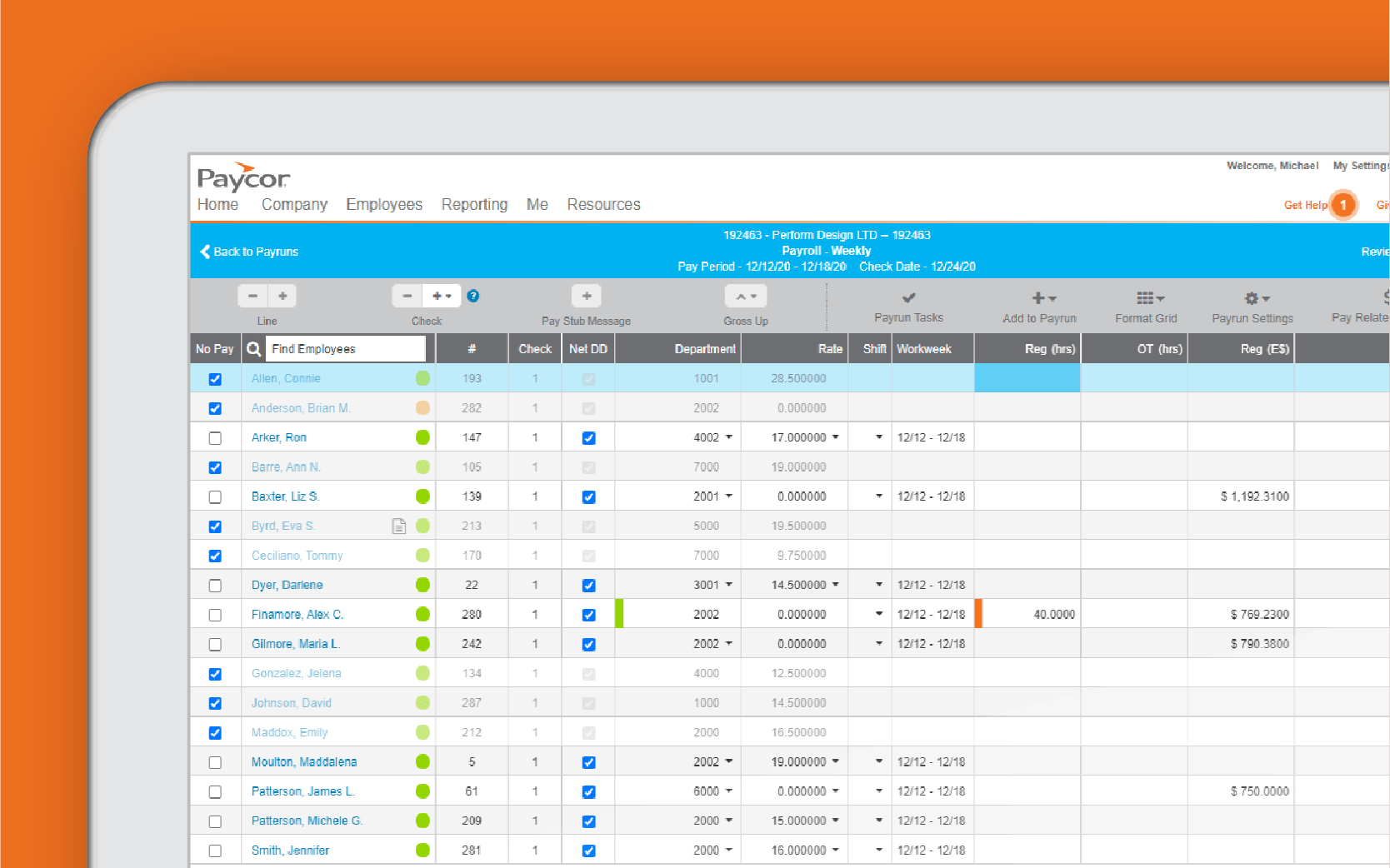 Corner of tablet with payroll ledger against orange background