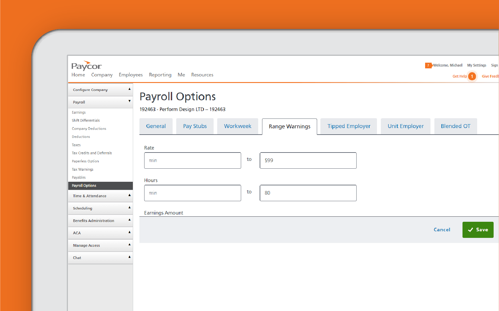 Corner of tablet showing payroll dashboard against orange background