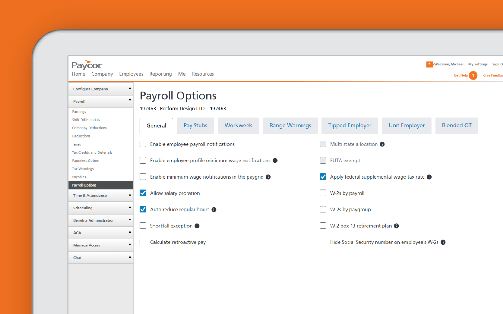 Corner of tablet showing Paycor payroll platform against orange background
