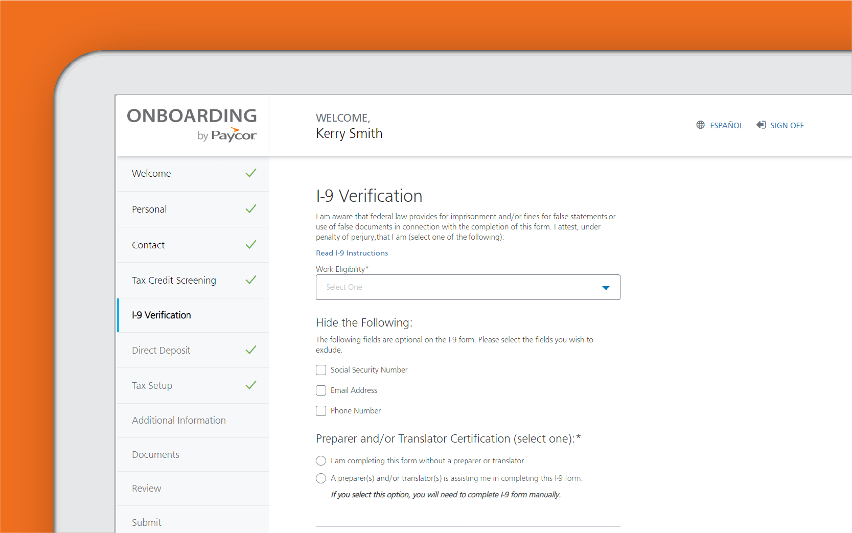 Corner of tablet showing tax credit portal against orange background