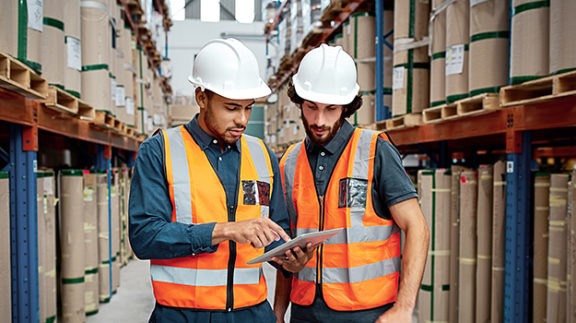 Two manufacturing professionals checking over tablet