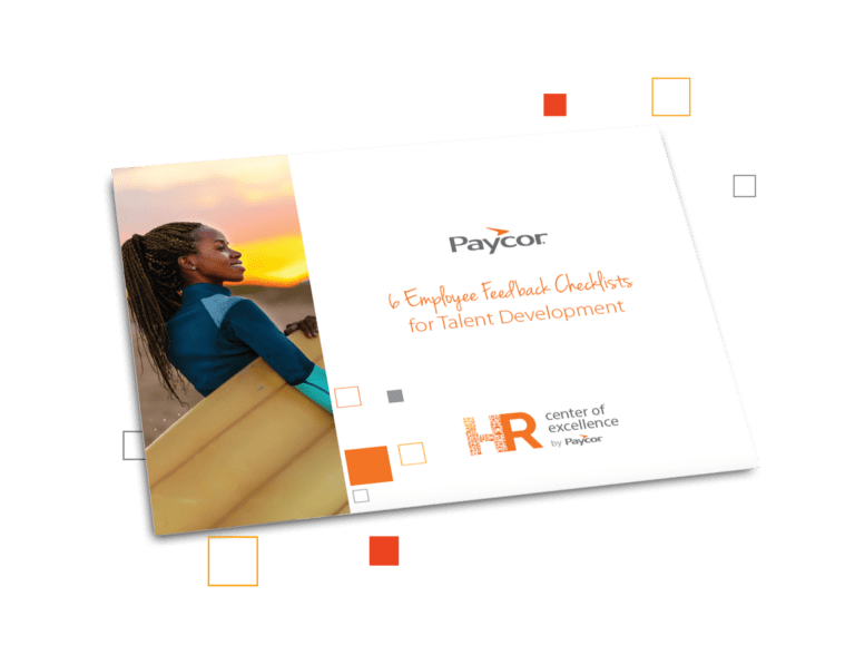 6 Employees Feedback Checklist for Talent Development Guide with woman on the cover with surf board