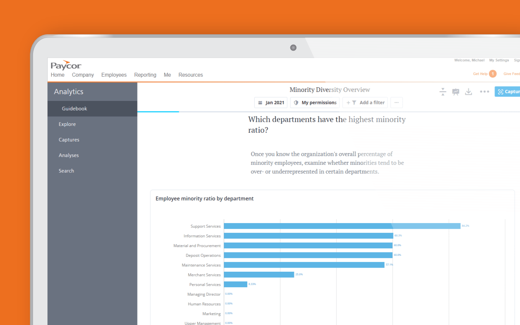 Paycor corner screenshot analytics diversity with orange background