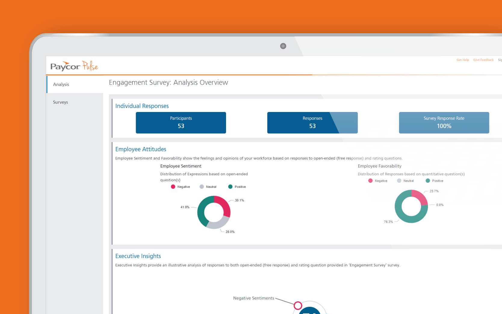 Paycor corner screenshot analysis overview with orange background