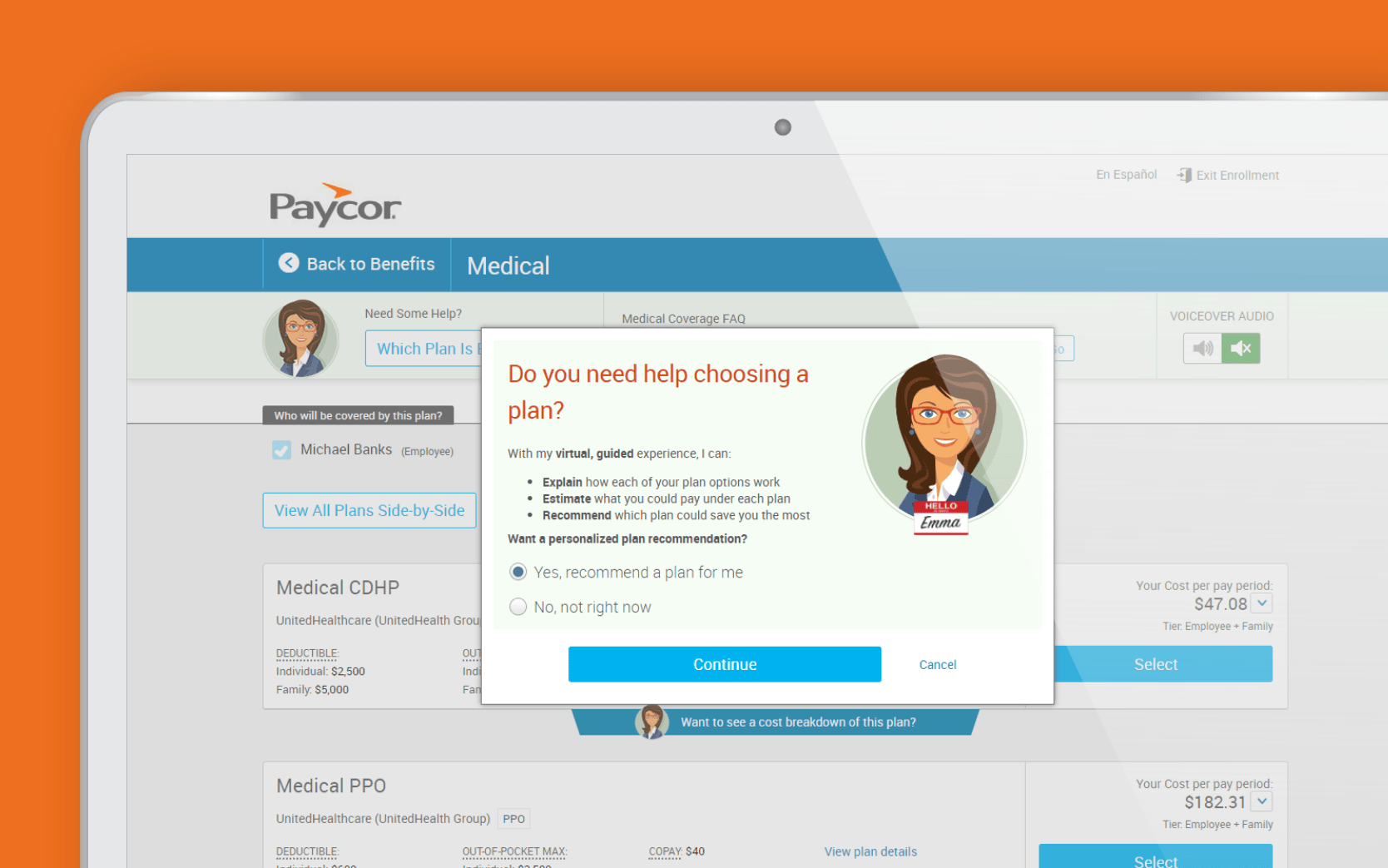 Paycor corner screenshot ask emma with orange background